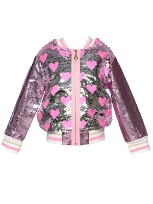 Baby Sara Heart Sequin Bomber with Faux Leather Contrast