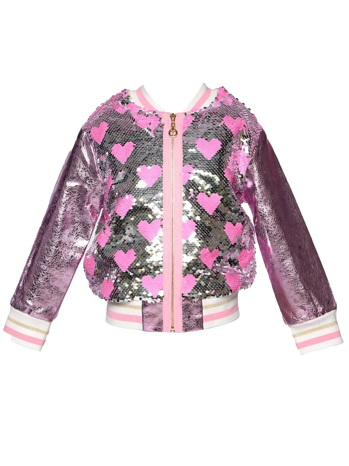 Baby Sara Heart Sequin Bomber with Faux Leather Contrast