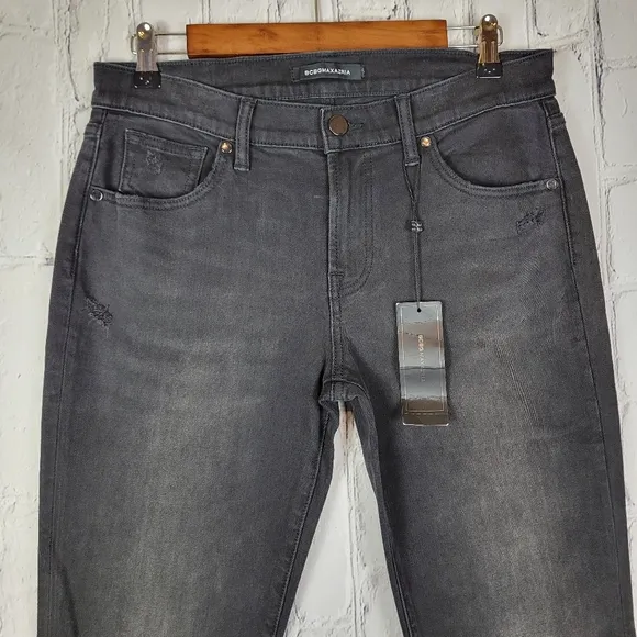 BCBGMaxAzria Distressed Solid Black Straight Tapered Leg Jeans
