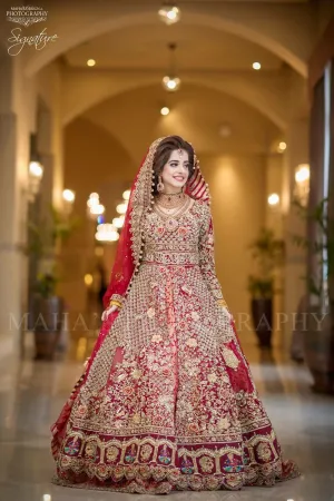 Beautiful bridal open maxi in red color with dull golden and antique golden work Model# W 1194
