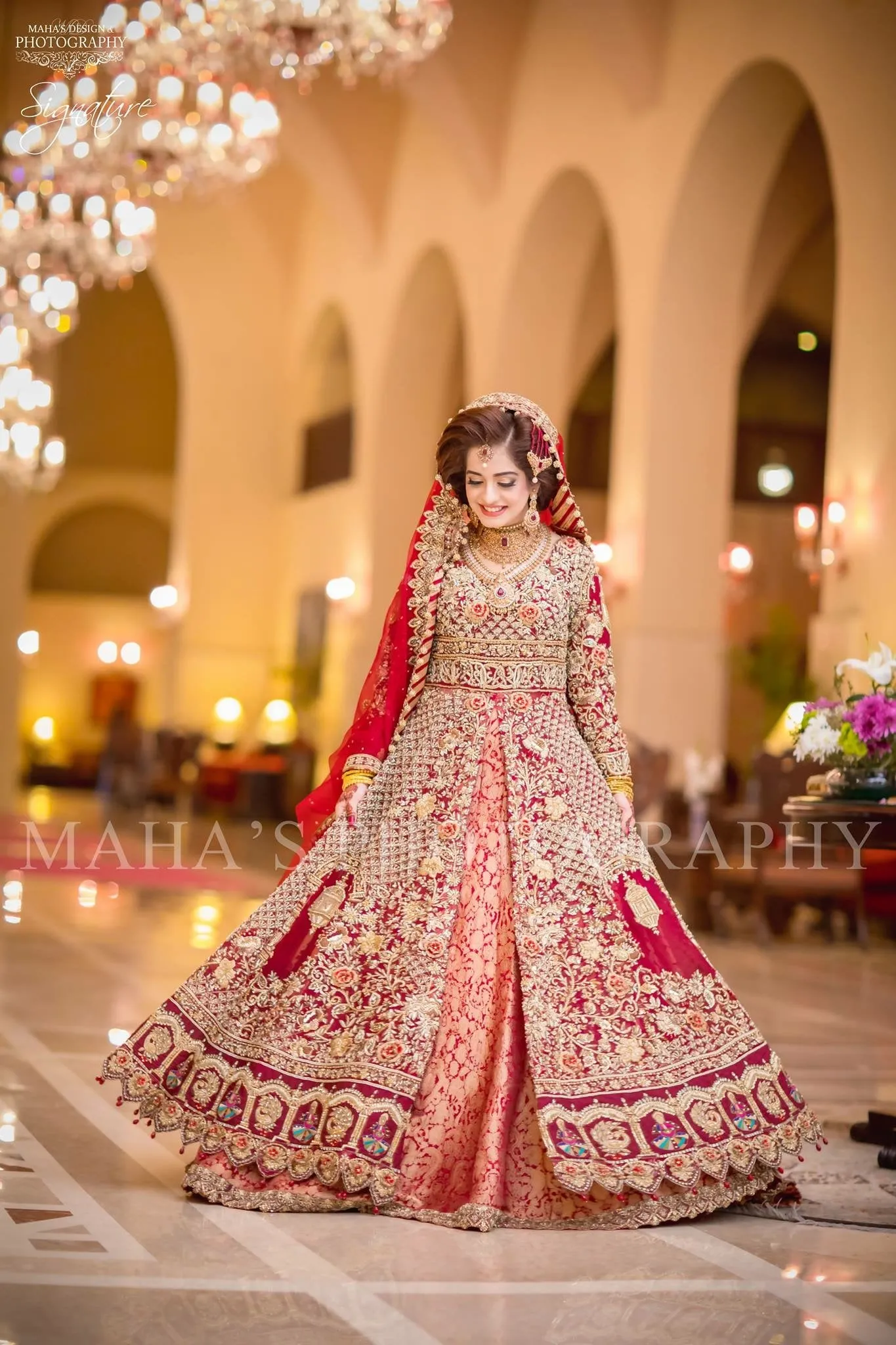 Beautiful bridal open maxi in red color with dull golden and antique golden work Model# W 1194