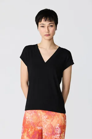 BLACK DROPPED SLEEVE V-NECK BASIC T-SHIRT