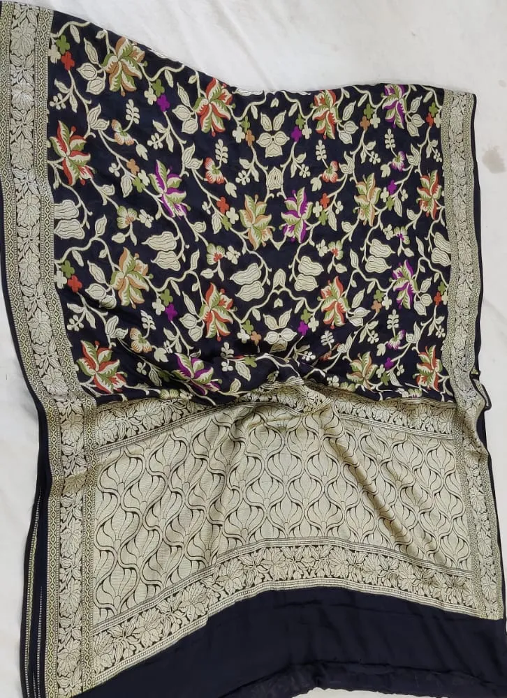Black Floral Banarasi Meenakari Chiffon Saree