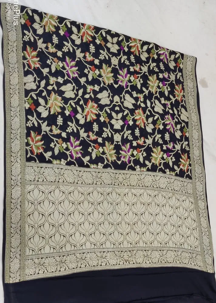 Black Floral Banarasi Meenakari Chiffon Saree