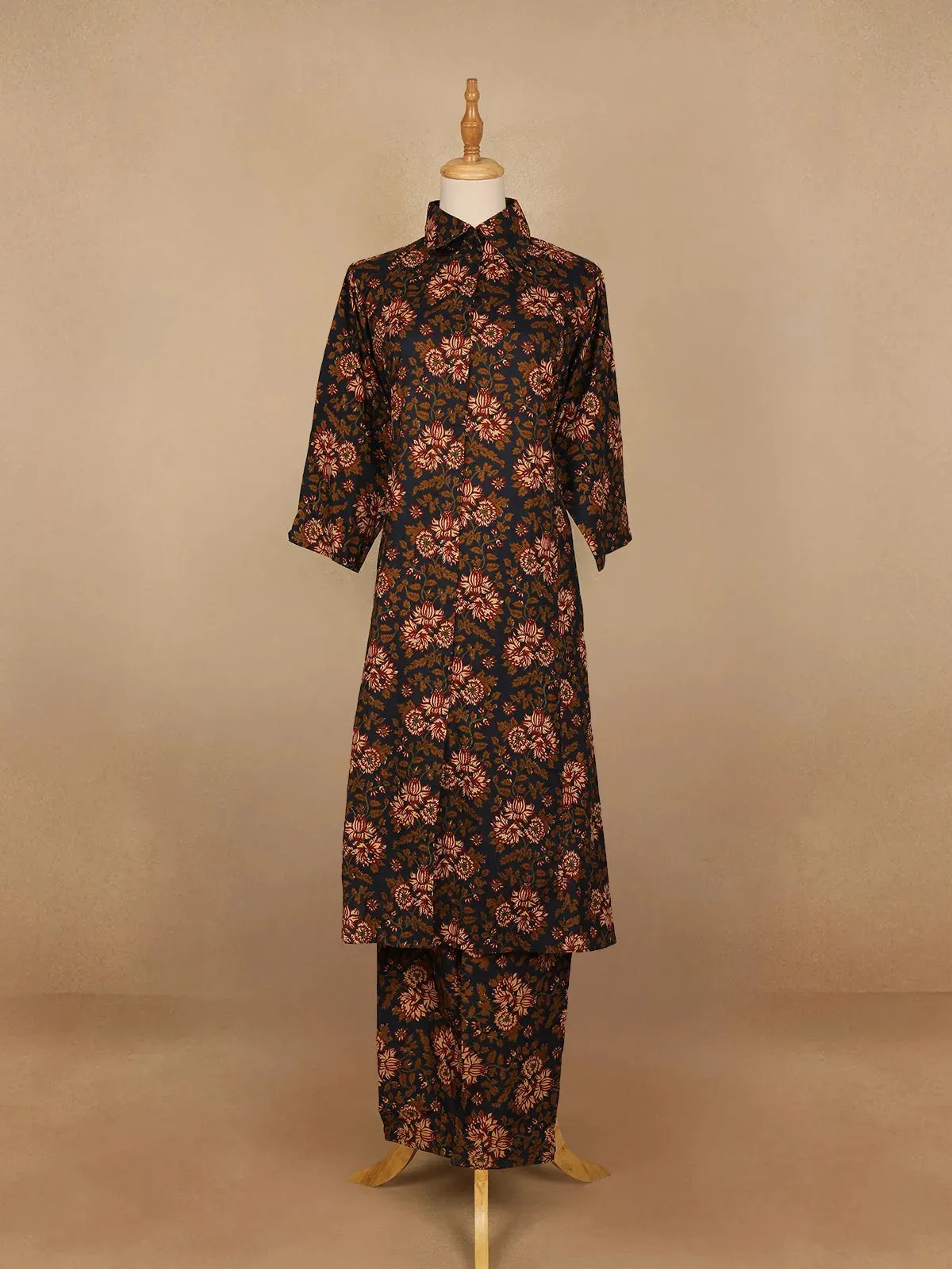 Black Floral Designed Cotton Straight Cut Salwar Suit