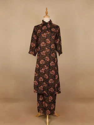 Black Floral Designed Cotton Straight Cut Salwar Suit