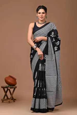 Black Trending Hand Block Print MulMul Cotton Saree