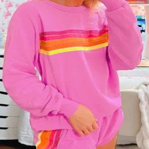 Bonbon Striped Accent Pullover and Shorts Two Piece Casual Set