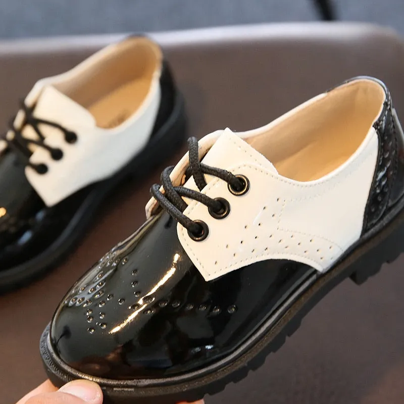 Boys Girls British Style Soft Leather Rubber Sole Formal Shoes - Black, White