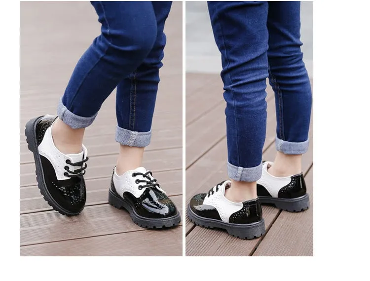 Boys Girls British Style Soft Leather Rubber Sole Formal Shoes - Black, White