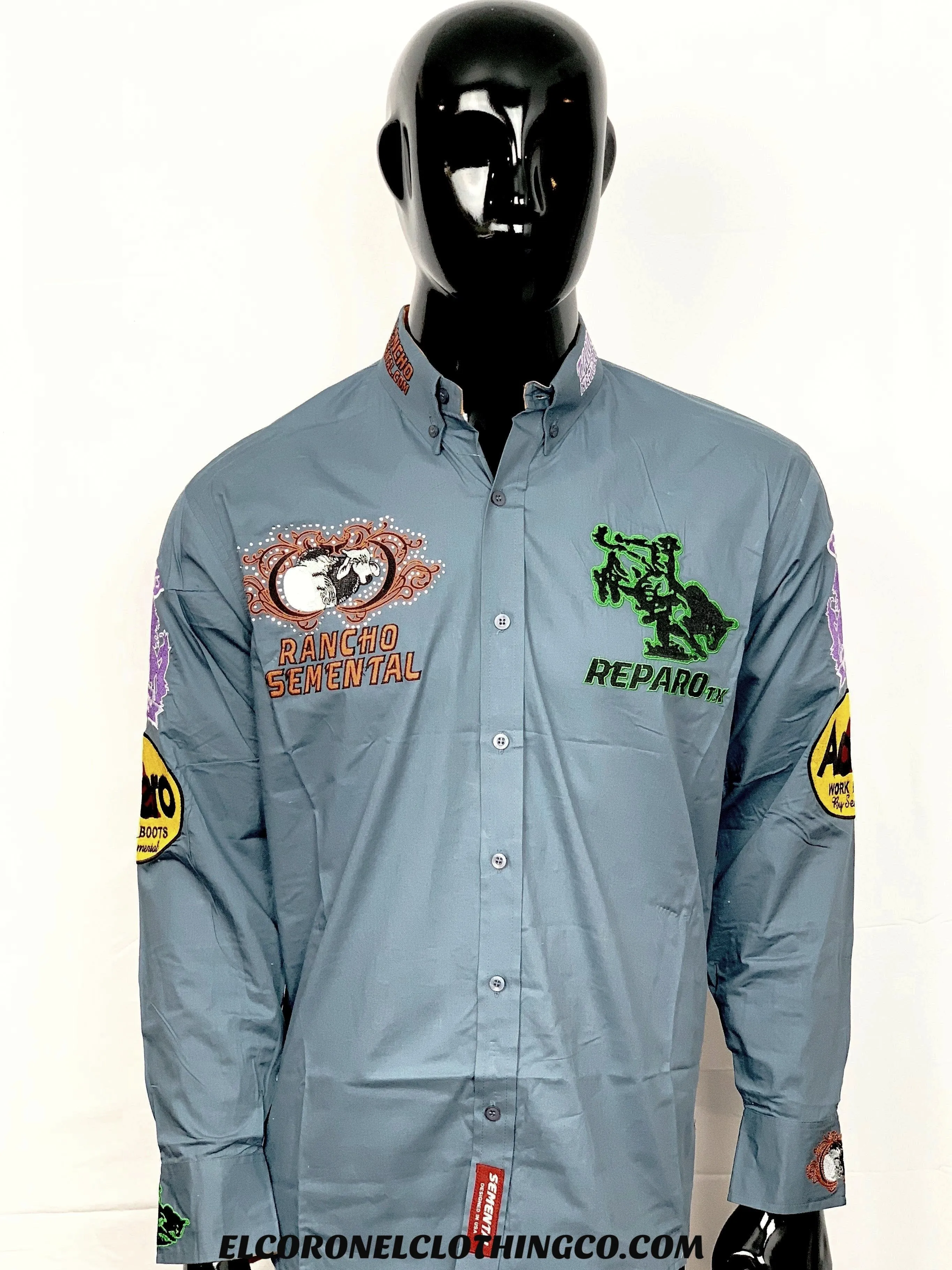 Camisa Rancho Semental Estilo Reparo Gris En Manga Larga