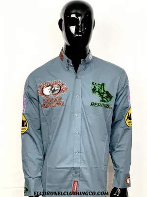 Camisa Rancho Semental Estilo Reparo Gris En Manga Larga