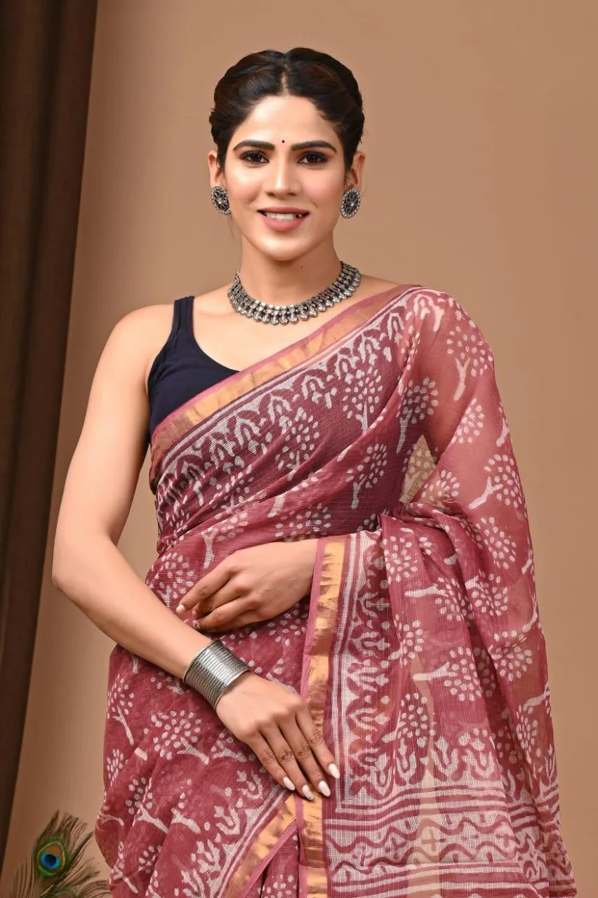 Charming Reddish Brown Traditional Kota Doriya Print Saree