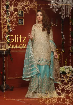 Chiffon dress by Mariam and Myra in skin and ferozee turquoise color Model #C 574