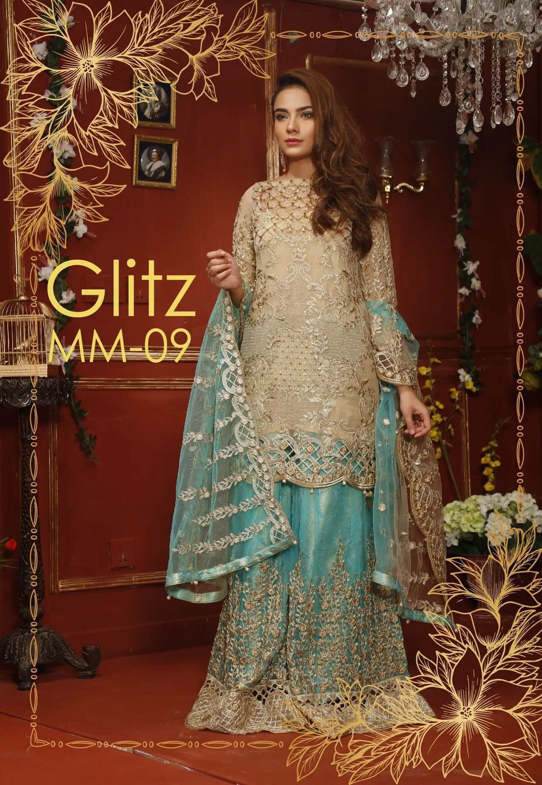 Chiffon dress by Mariam and Myra in skin and ferozee turquoise color Model #C 574
