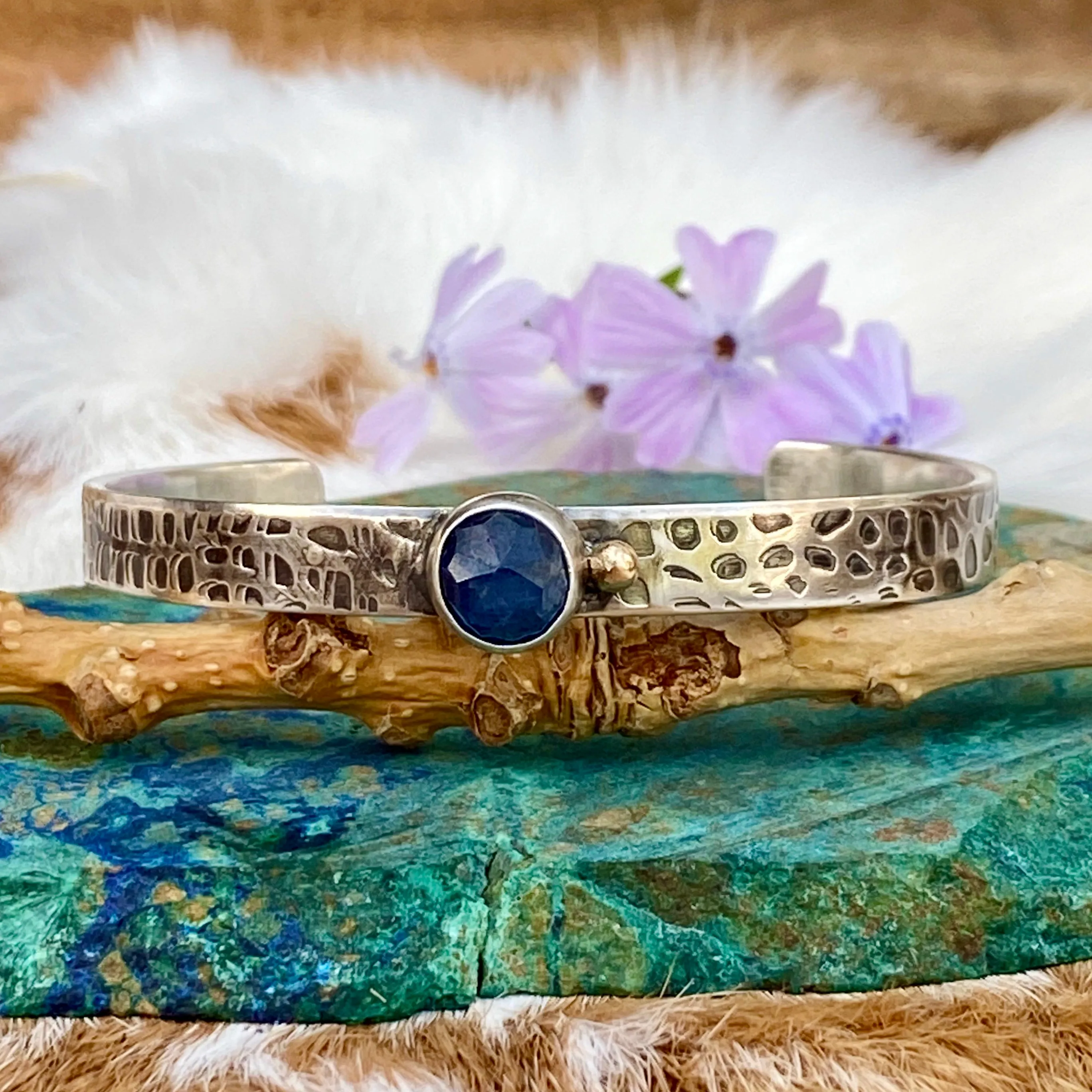 Deep blue Sapphire and golden Garnet and gold snakeskin cuffs
