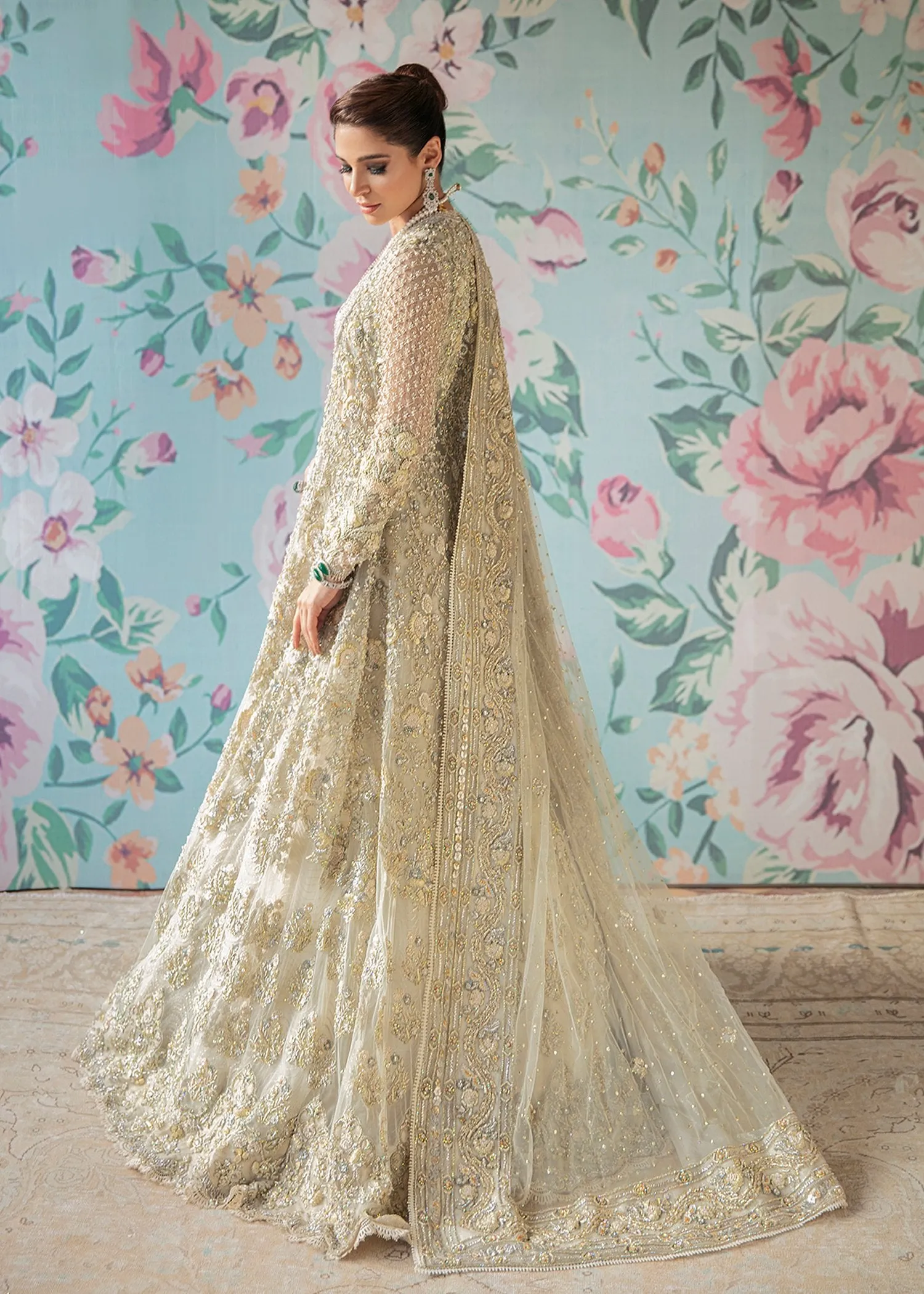 Elegant Designer Pakistani Bridal Dress Heavily Embroidered in Ivory Mix Grey Zardozi Hand Work Lehenga Choli for Walima in Net Chiffon #BN916