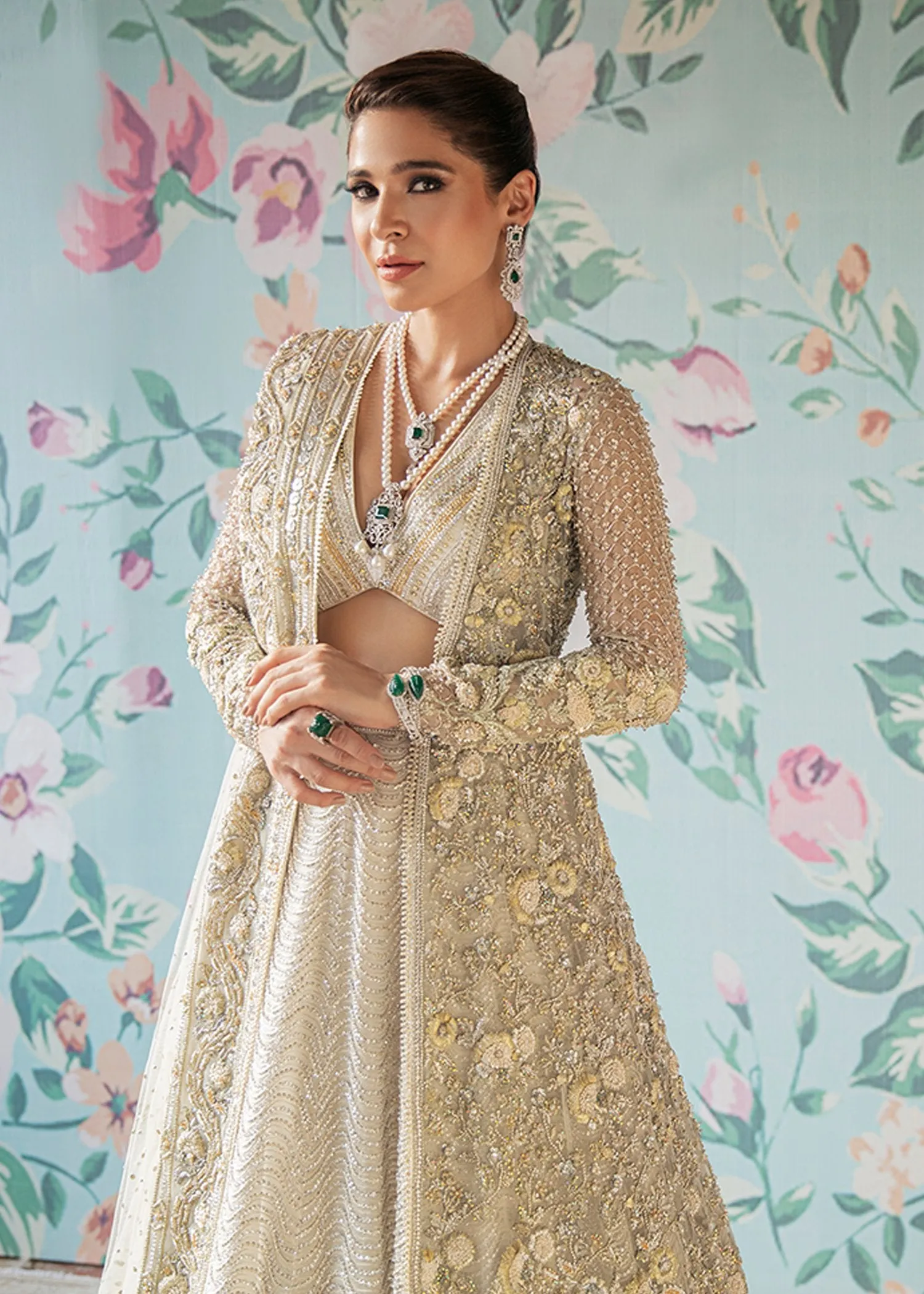 Elegant Designer Pakistani Bridal Dress Heavily Embroidered in Ivory Mix Grey Zardozi Hand Work Lehenga Choli for Walima in Net Chiffon #BN916