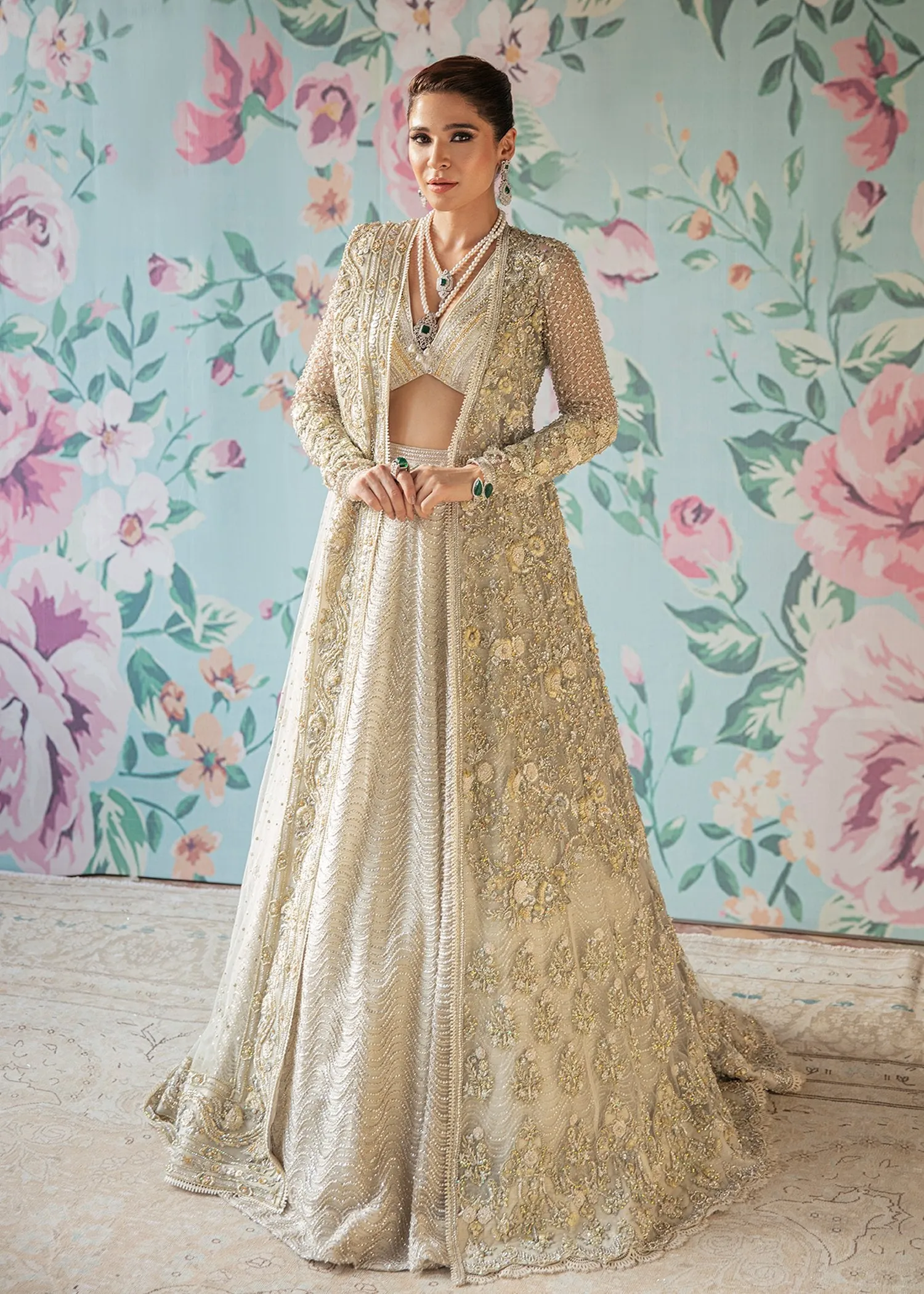 Elegant Designer Pakistani Bridal Dress Heavily Embroidered in Ivory Mix Grey Zardozi Hand Work Lehenga Choli for Walima in Net Chiffon #BN916
