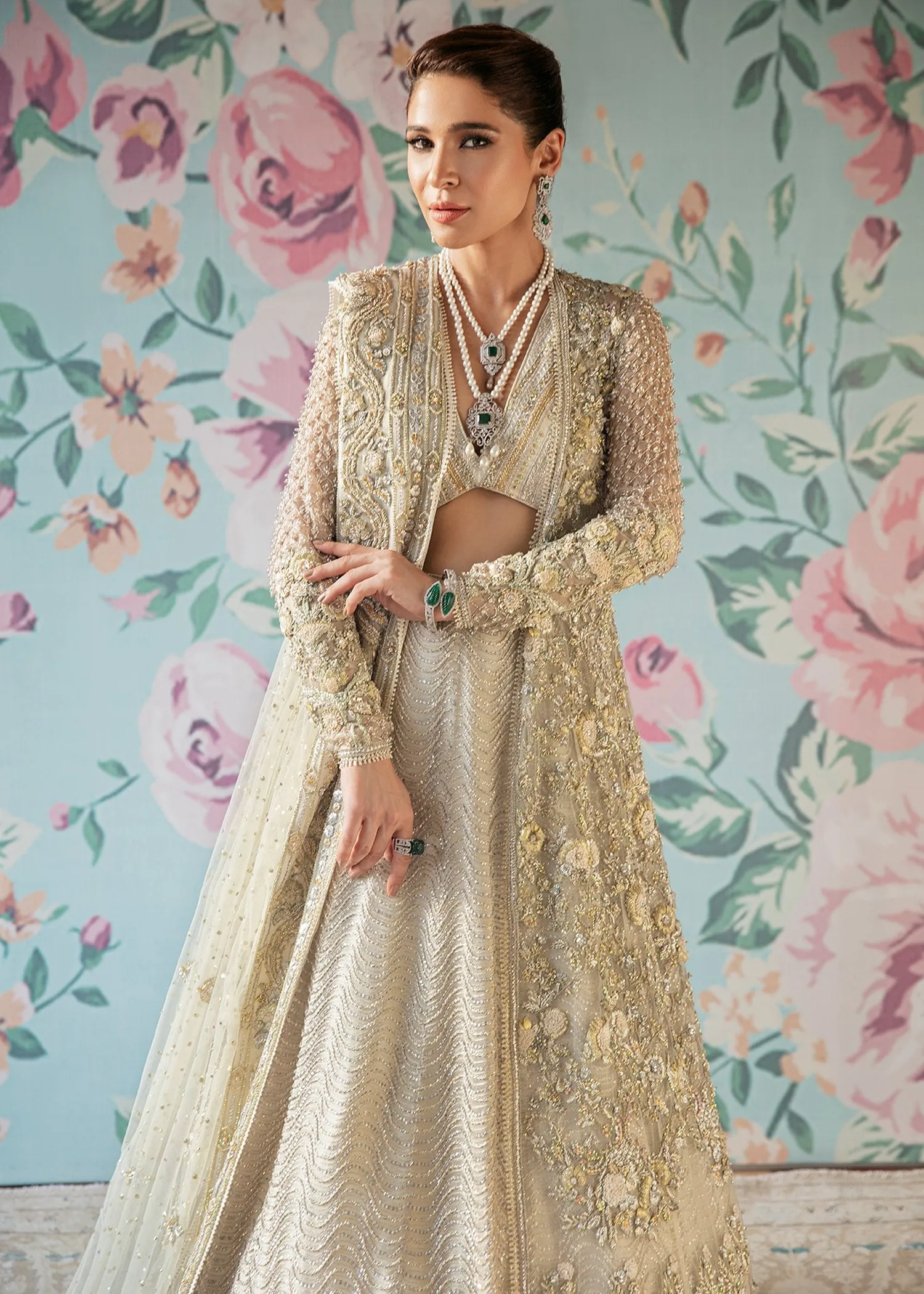 Elegant Designer Pakistani Bridal Dress Heavily Embroidered in Ivory Mix Grey Zardozi Hand Work Lehenga Choli for Walima in Net Chiffon #BN916