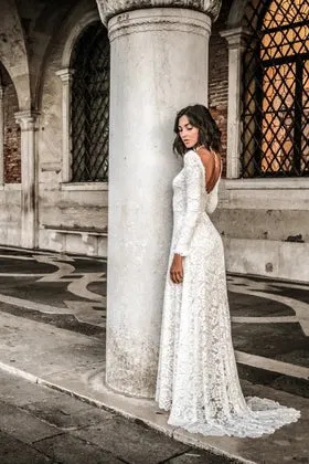 Elegant Lace Sheath Long Sleeves Bridal Gown with Sweep Train-715742