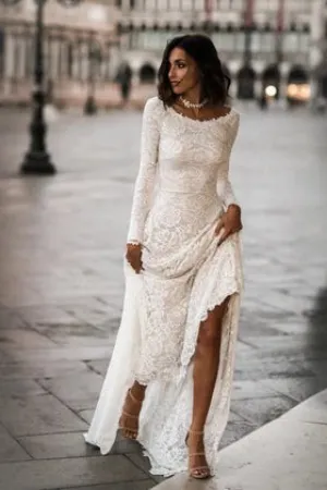 Elegant Lace Sheath Long Sleeves Bridal Gown with Sweep Train-715742