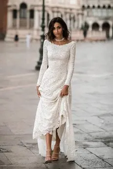 Elegant Lace Sheath Long Sleeves Bridal Gown with Sweep Train-715742
