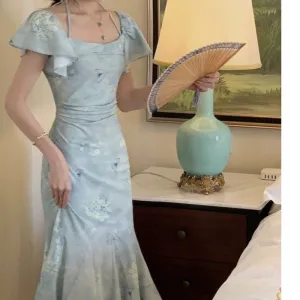 Elegant Short Sleeve Lace Up Slim Mermaid Party Evening Dress