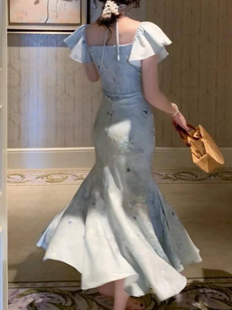 Elegant Short Sleeve Lace Up Slim Mermaid Party Evening Dress