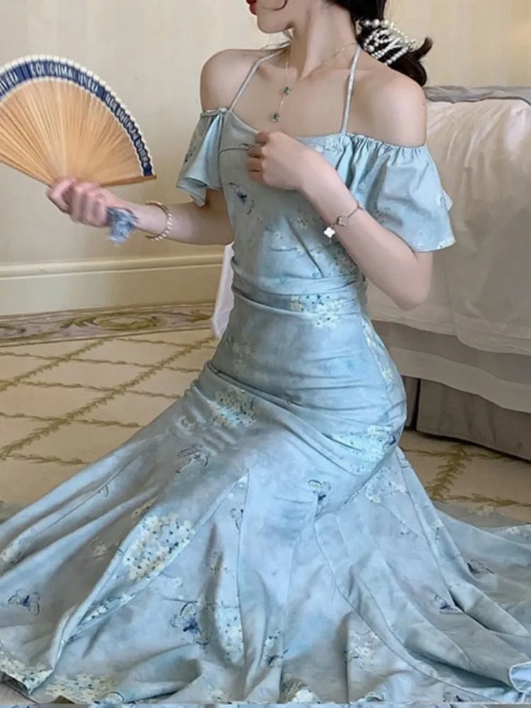 Elegant Short Sleeve Lace Up Slim Mermaid Party Evening Dress