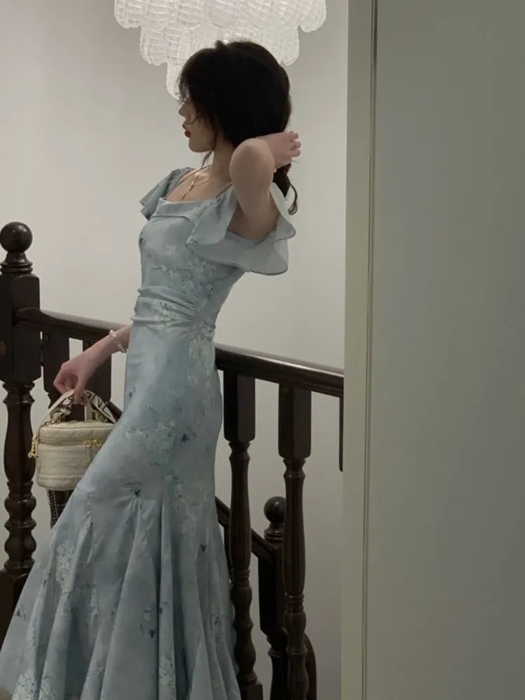 Elegant Short Sleeve Lace Up Slim Mermaid Party Evening Dress