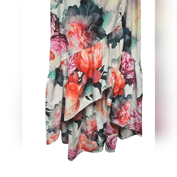 ELIZA J Cream Pink Floral Print Ruffle High Low Taffeta Skirt Sz. 8 NWT