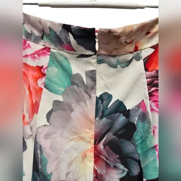 ELIZA J Cream Pink Floral Print Ruffle High Low Taffeta Skirt Sz. 8 NWT