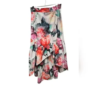 ELIZA J Cream Pink Floral Print Ruffle High Low Taffeta Skirt Sz. 8 NWT