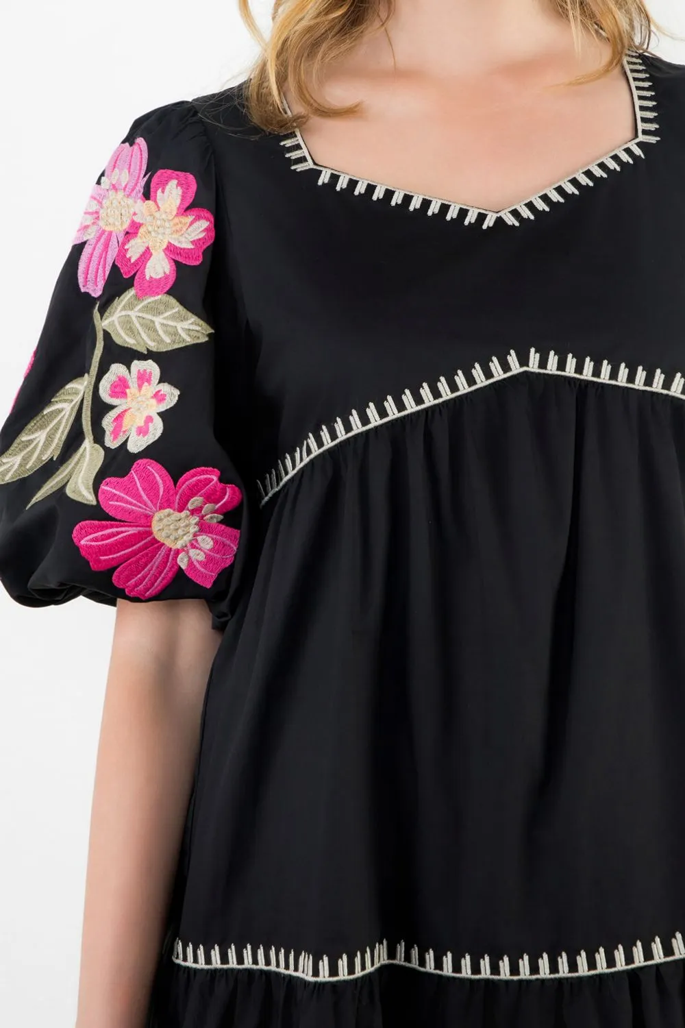 EMB PUFF SLEEVE TIERED DRESS
