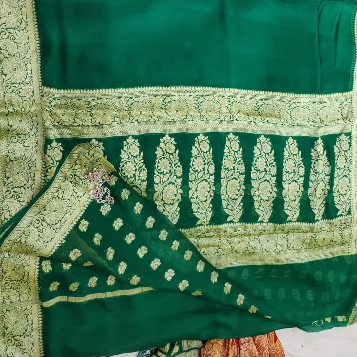 Emerald Green Banarasi Meenakari Chiffon Reception Saree