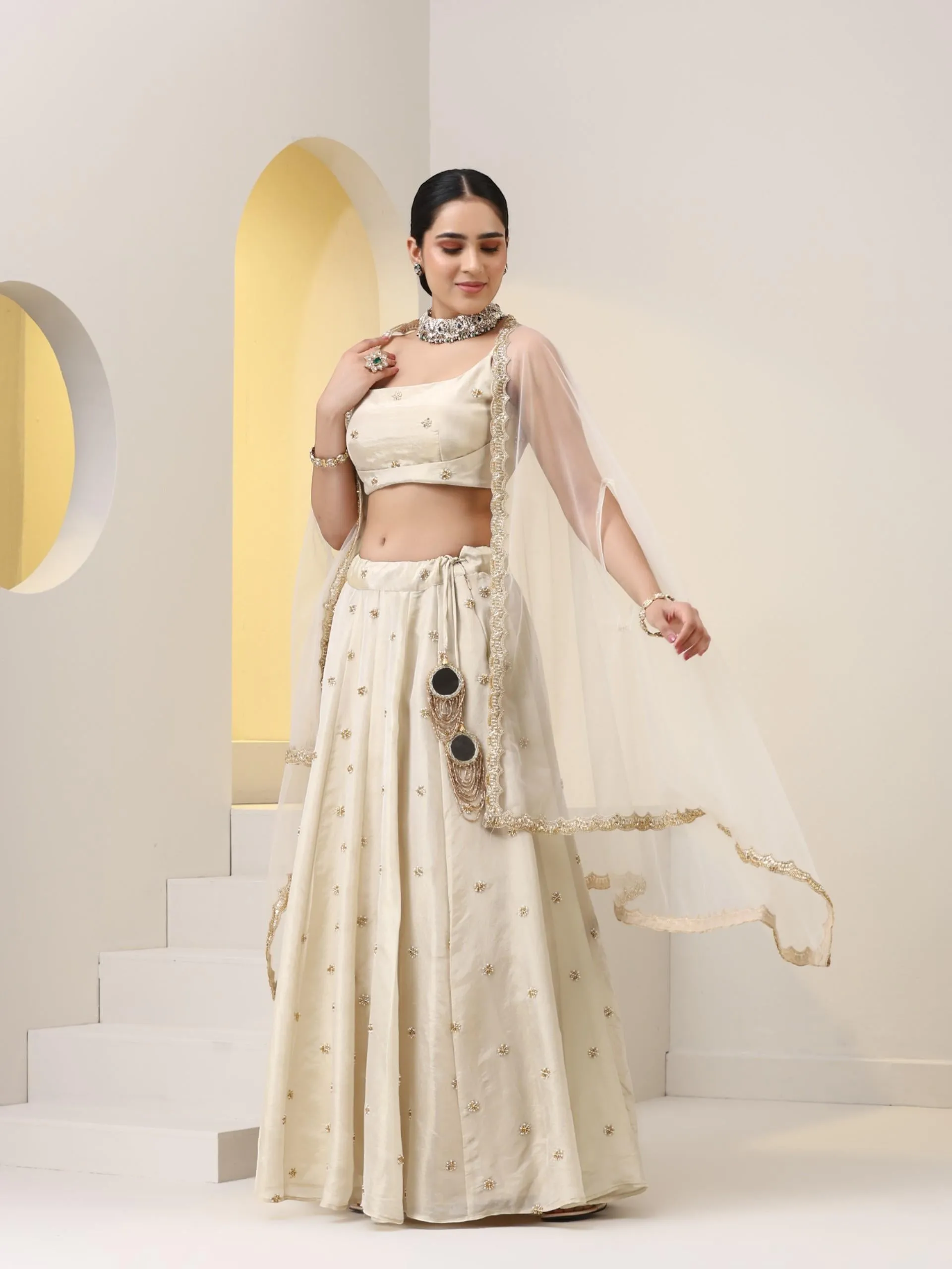 Enchanting Pure Silk Tissue Beaded Lehenga with Net Dupatta and Blouse Fabric