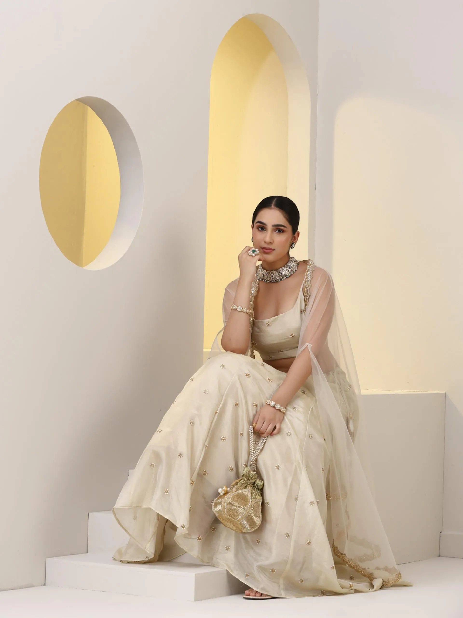 Enchanting Pure Silk Tissue Beaded Lehenga with Net Dupatta and Blouse Fabric