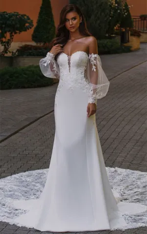Ethereal Mermaid Plunging Neck Chiffon Tulle Wedding Dress with Appliques-716382