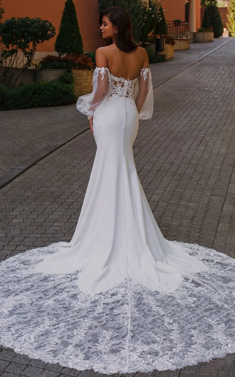 Ethereal Mermaid Plunging Neck Chiffon Tulle Wedding Dress with Appliques-716382