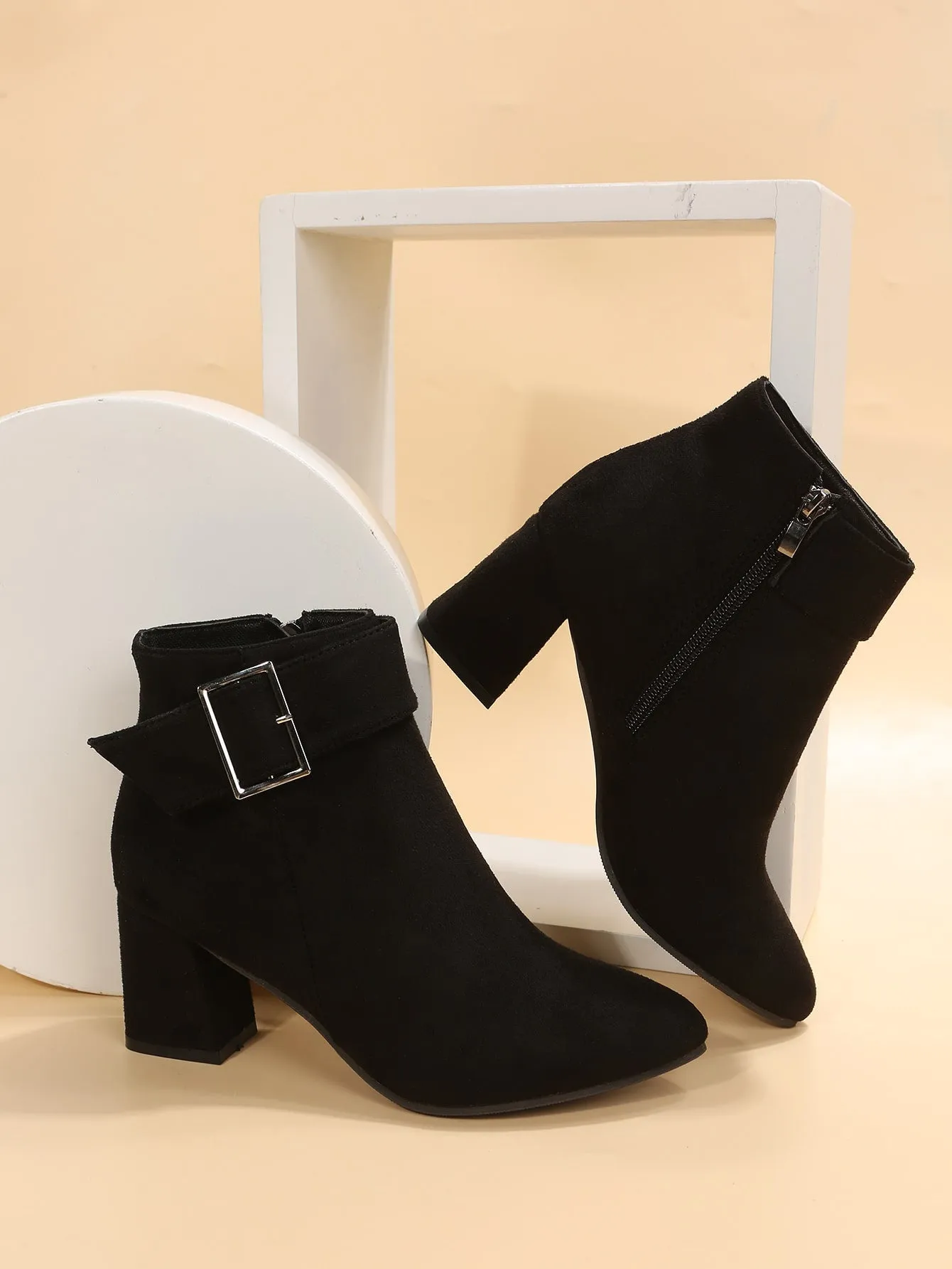 Faux Suede Buckle Detail Chunky Heel Boots - Black- FD ⚡