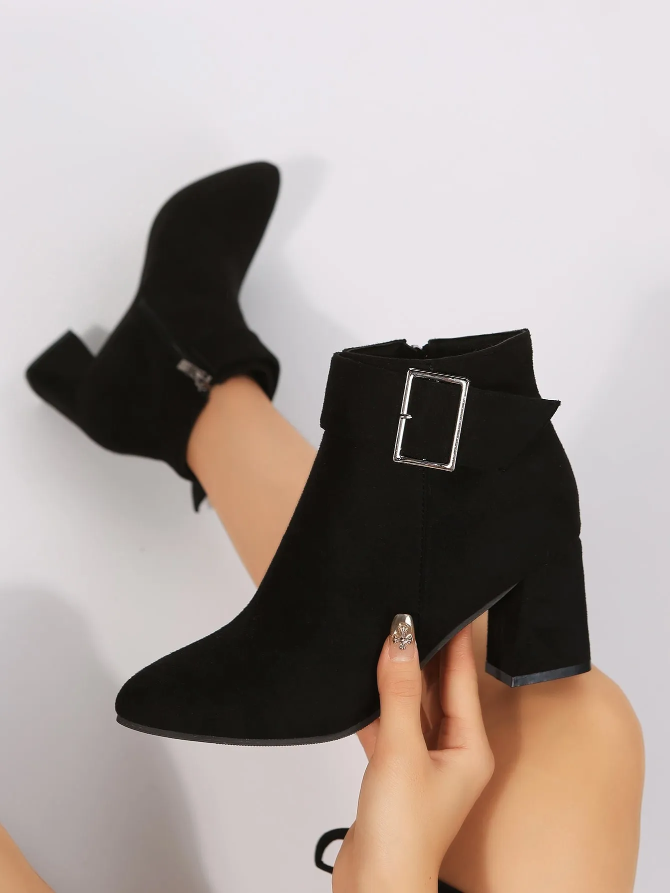 Faux Suede Buckle Detail Chunky Heel Boots - Black- FD ⚡