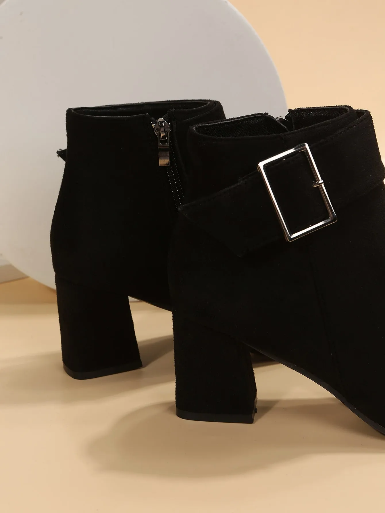 Faux Suede Buckle Detail Chunky Heel Boots - Black- FD ⚡