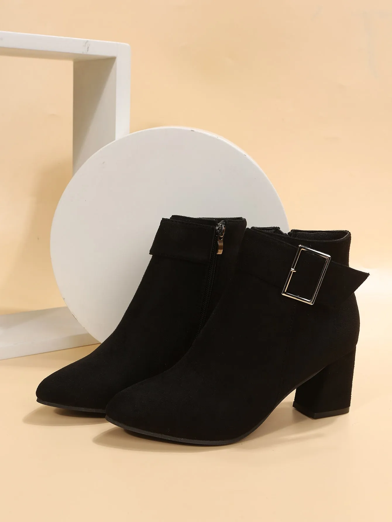 Faux Suede Buckle Detail Chunky Heel Boots - Black- FD ⚡