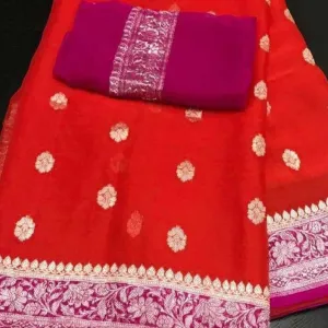 Festive Red And Pink Banarsee Khaddi Chiffon Buti Saree