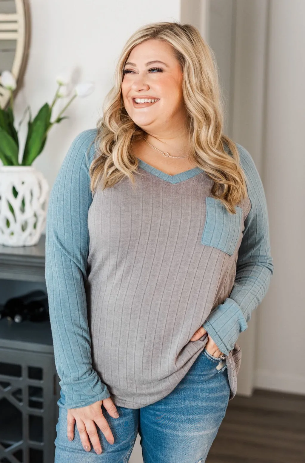 Figure Me Out V-Neck Top- Grey & Blue