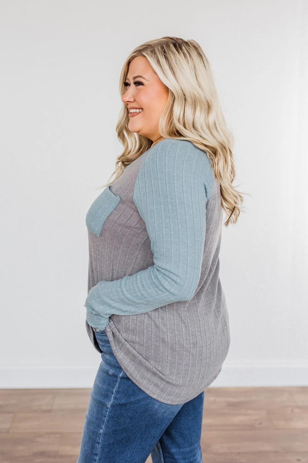 Figure Me Out V-Neck Top- Grey & Blue