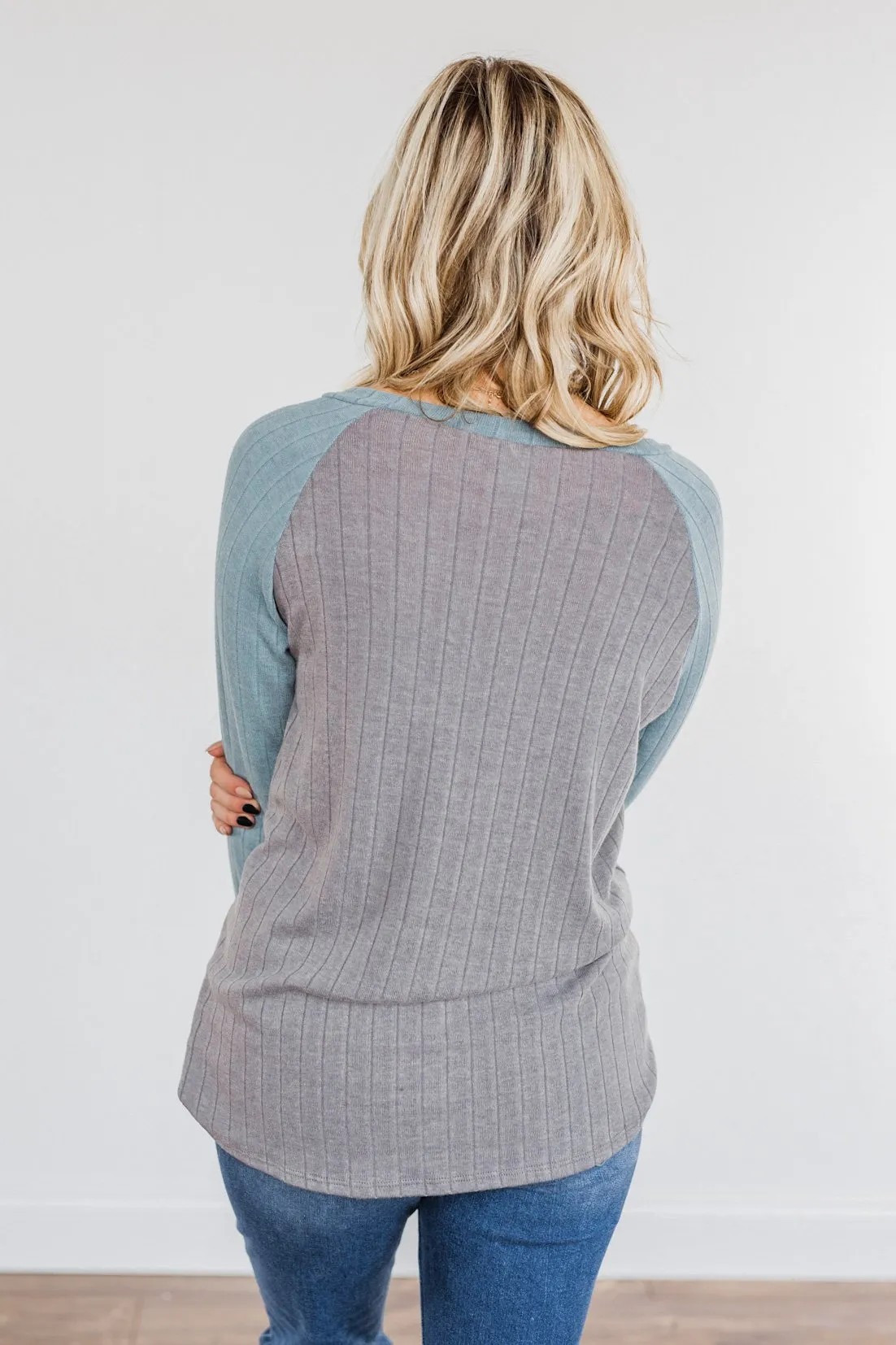 Figure Me Out V-Neck Top- Grey & Blue