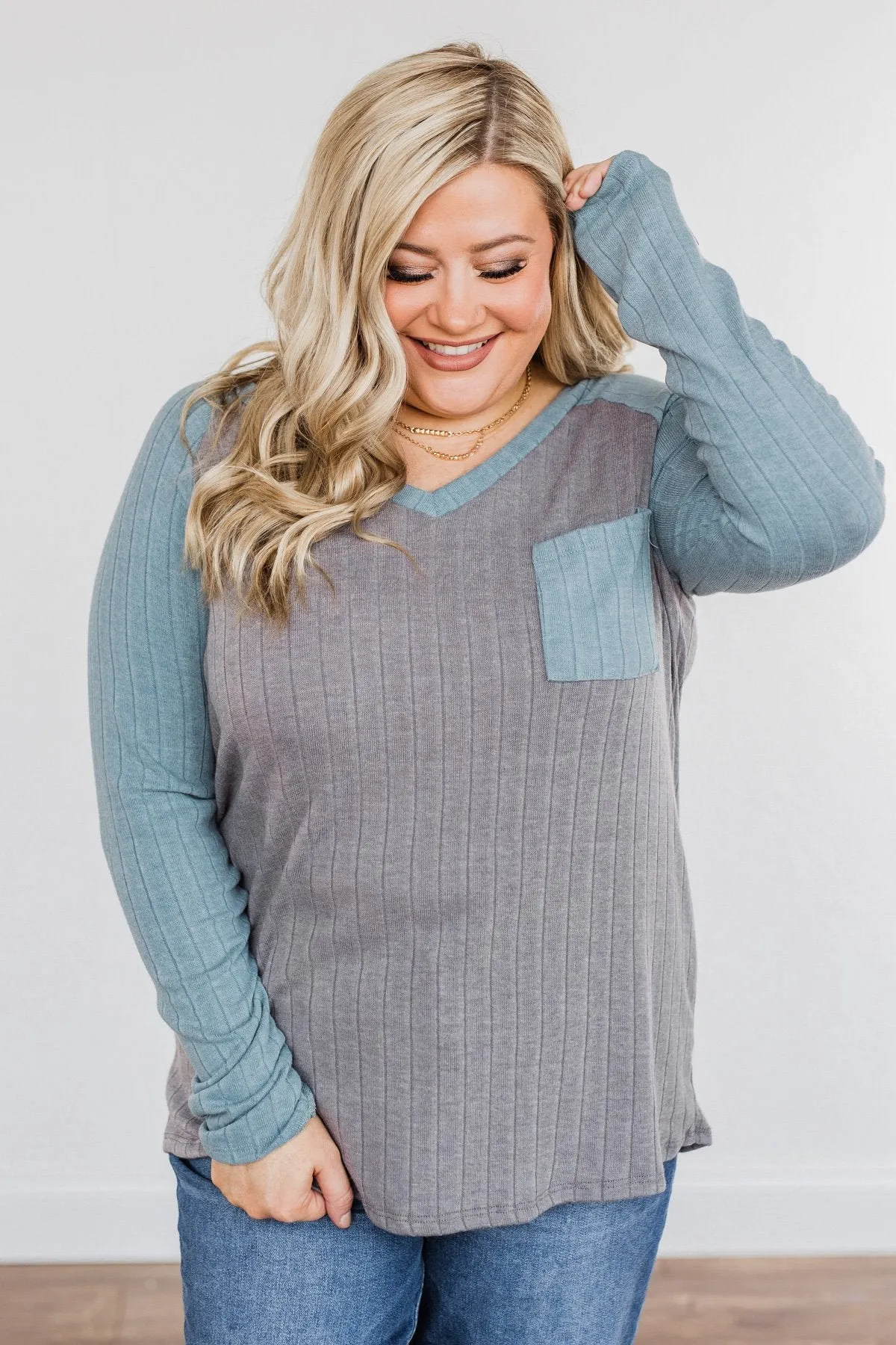 Figure Me Out V-Neck Top- Grey & Blue