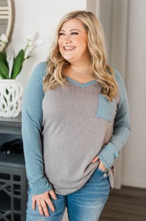 Figure Me Out V-Neck Top- Grey & Blue
